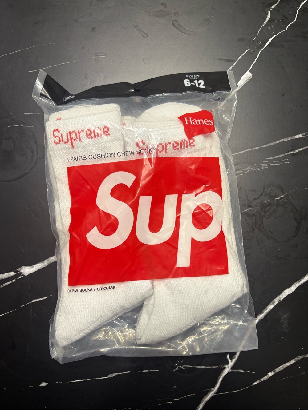 Supreme White Crew Socks with Red Logo - 4 Pairs